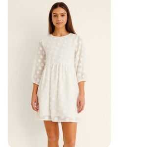 NWT Crescent Eyelash White Babydoll Long Sleeve Semi Sheer Mini Dress, Small